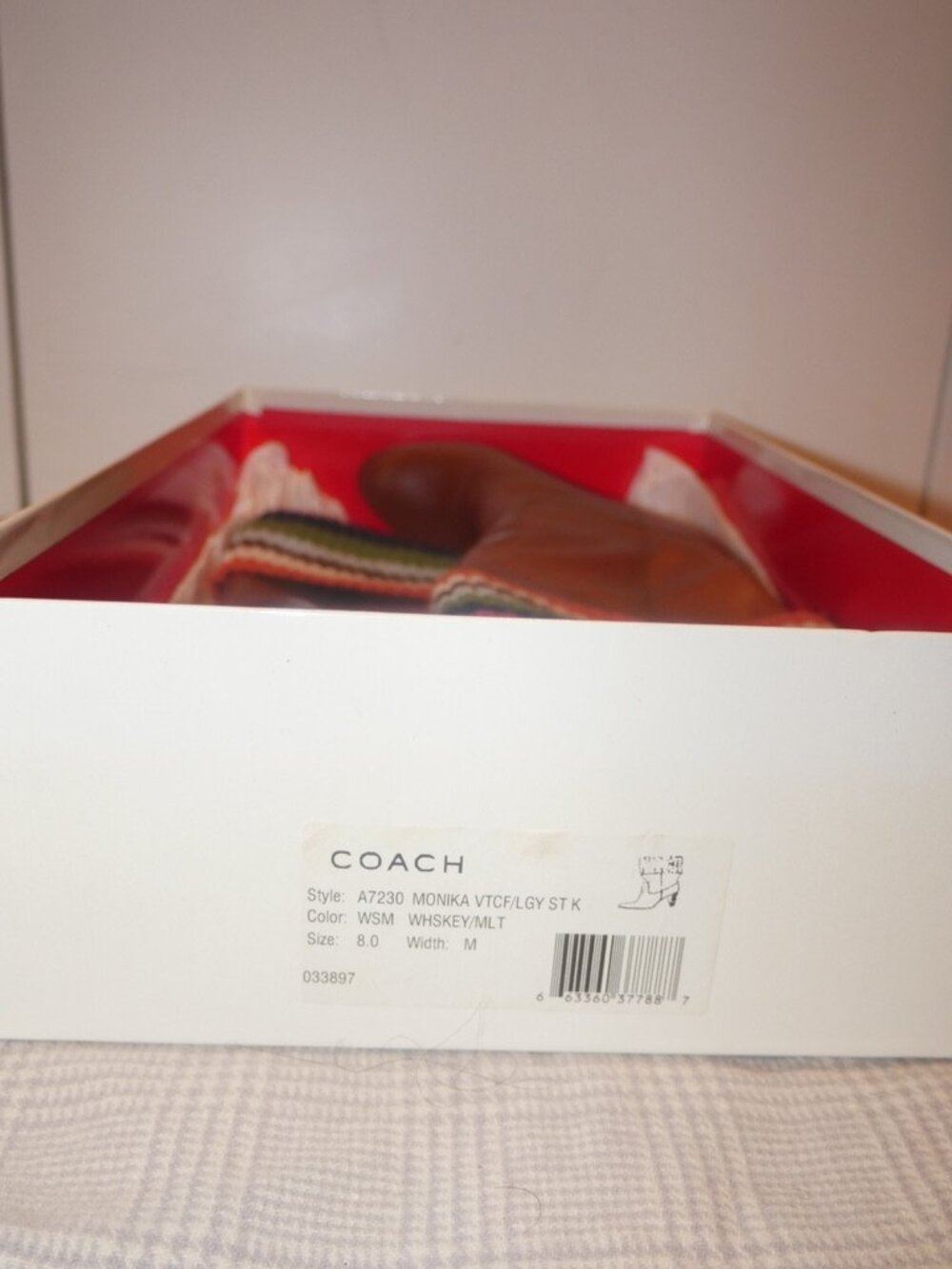 Coach Brown Leather Knee High Stiletto Boots Multicolor Striped Knit Cuff - Picture 7 of 8